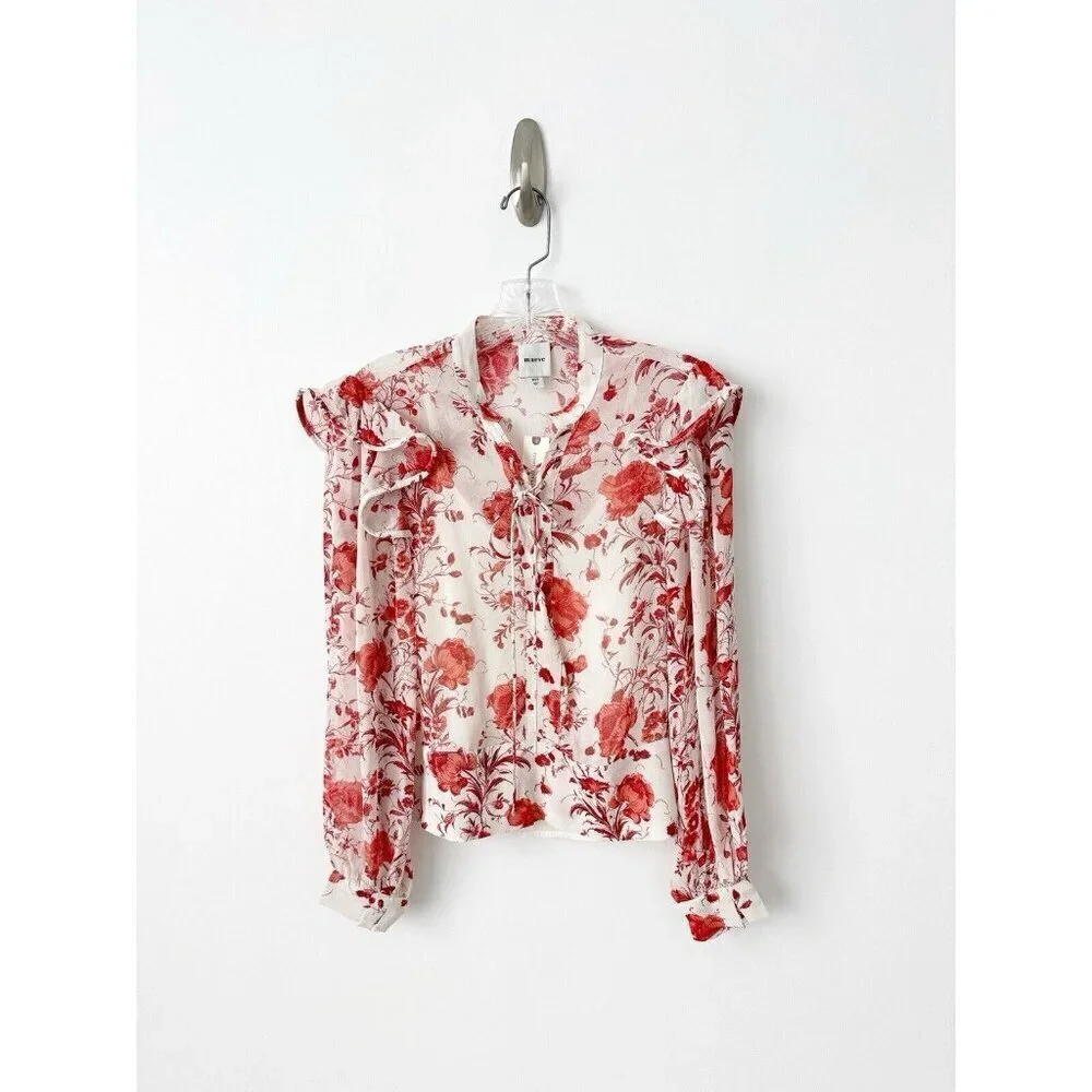 NWT Anthropologie Maeve Long-Sleeve Ruffled Sheer Blouse Top XXS Pink Floral